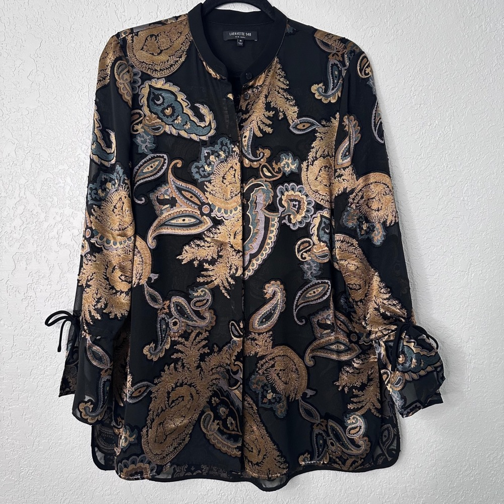 Lafayette 148 New York‎ Black Gold Paisley Devore Sheer Blouse Tie Cuff Medium